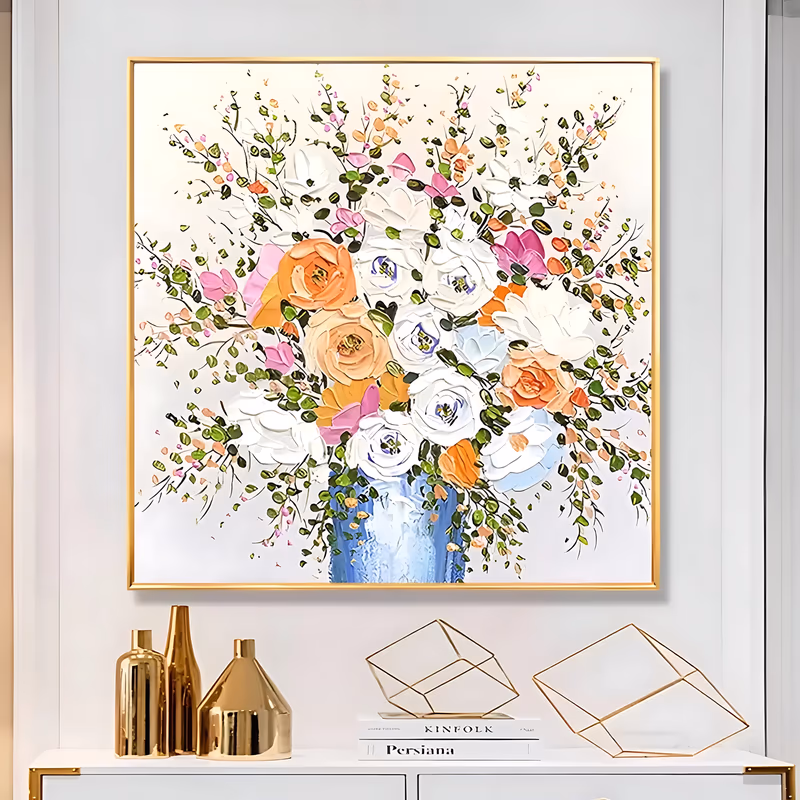 a large square impasto still life of a loose bouquet of white, orange, peach and pink blooms with small green leaves spraying out above a blue-striped vase on cream, in thick knife-laid paint