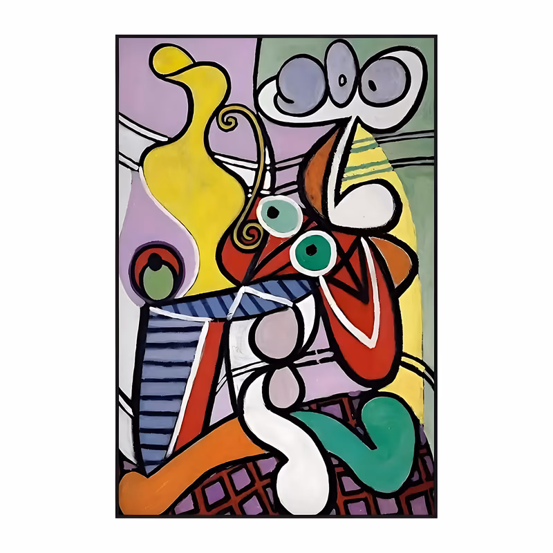 a large vertical cubist still life painting of a yellow jug and rounded fruit on a blue and white striped pedestal table, outlined in heavy black on lilac and sage green, with a purple lattice floor, in flat oil