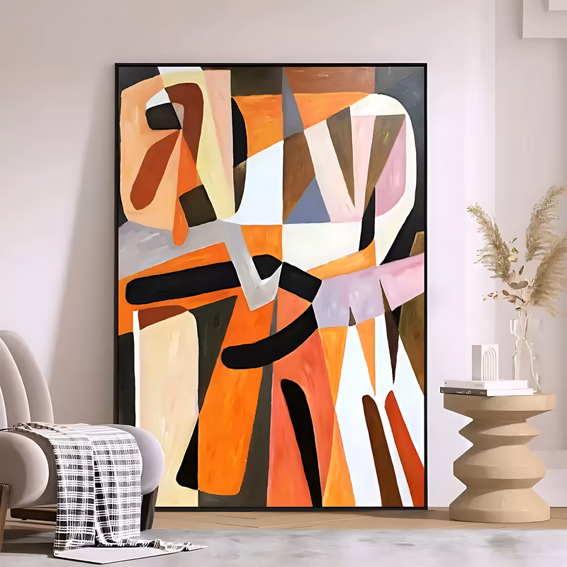 a large vertical abstract painting of interlocking flat geometric shapes in terracotta orange, dusty pink, cream, brown and black, arranged in overlapping wedges and curves, in smooth matte oil