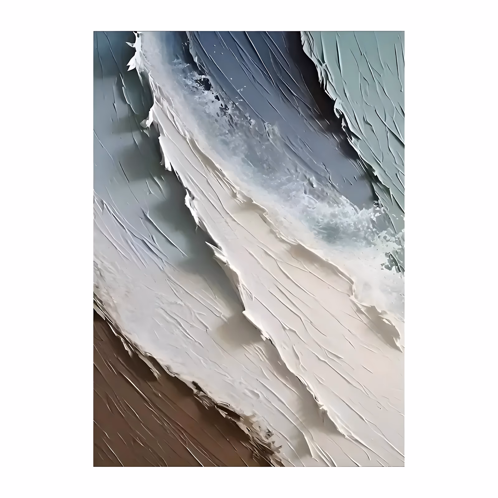a large vertical textured painting of a wave seen from above, a wide band of chalky white foam running diagonally through the frame between muted teal and gray-blue water and a dark brown shore, in palette-knife acrylic