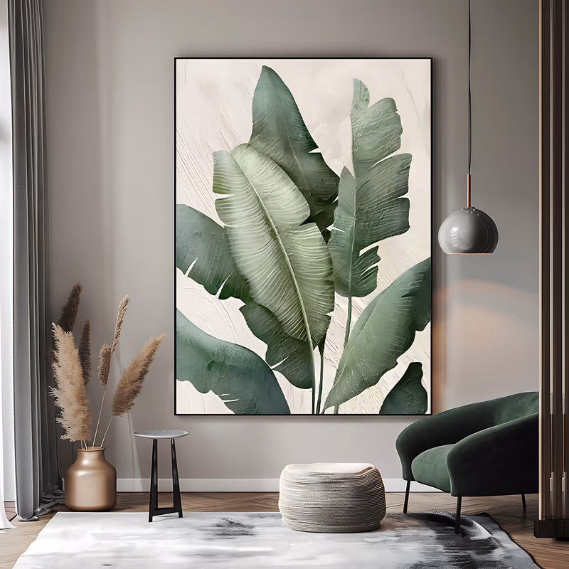 a tall vertical botanical painting of large banana leaves, two pale sage fronds standing at center with darker green leaves behind and to the sides, set on a cream plaster ground with a troweled surface