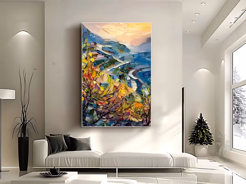 a large vertical impressionist painting of a green and blue river valley winding toward pale gold sunset hills, with yellow and purple wildflower strokes massed in the foreground, in thick palette-knife oil