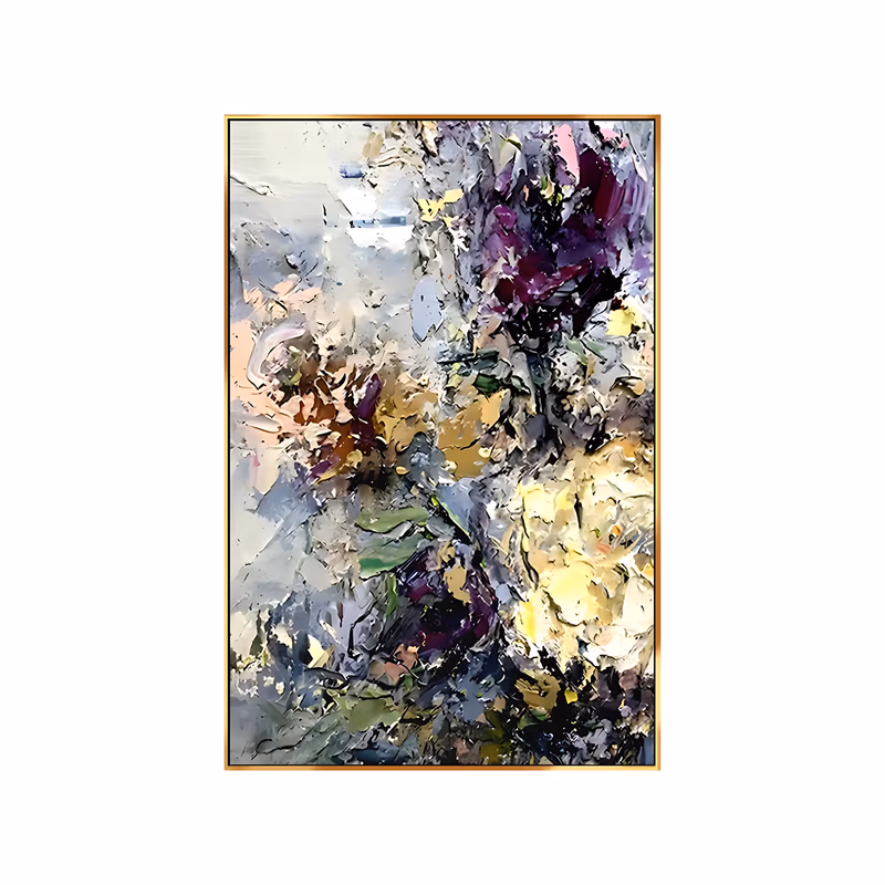 a tall framed abstract floral painting of loosely built purple, ochre and pale yellow blossoms with green leaf strokes emerging from a mottled gray and white field, worked in thick palette-knife oil