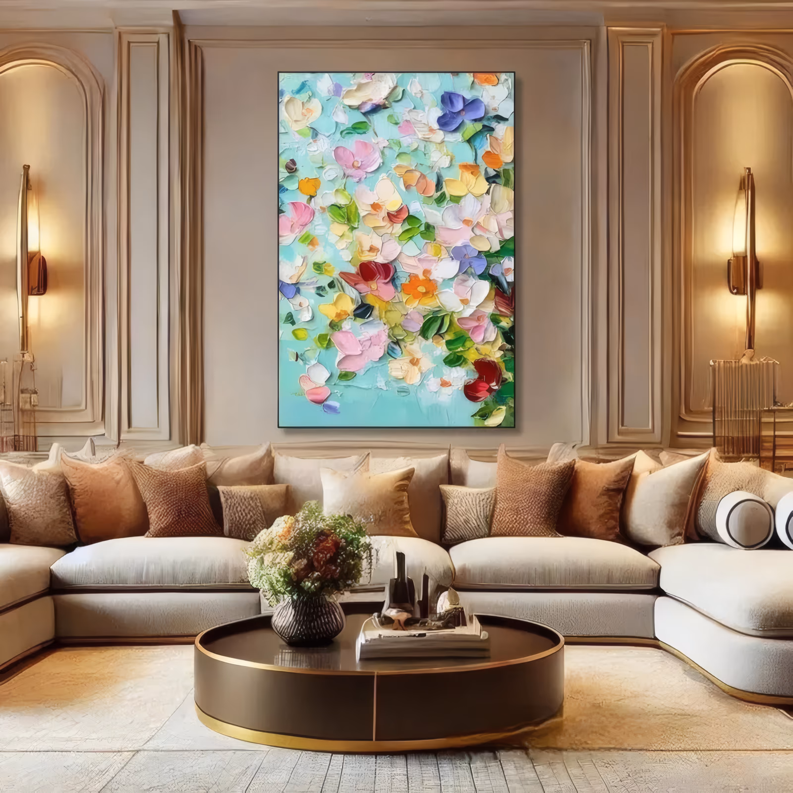 a large vertical textured floral painting of small pastel blossoms in pink, white, yellow and purple scattered over a mint-teal ground with green leaves between them, petals laid in thick knife strokes