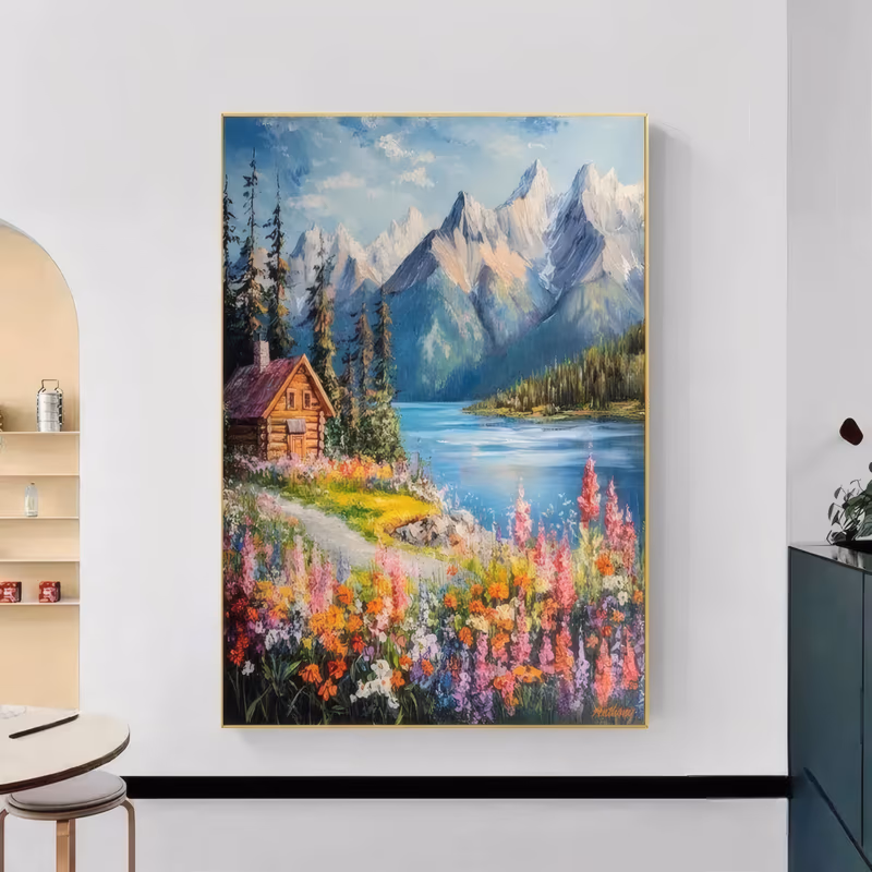 a large vertical impressionist painting of a log cabin with a red roof beside a blue alpine lake, pines and snowy peaks behind it and a dense band of pink, orange and white wildflowers in front, in glossy layered oil