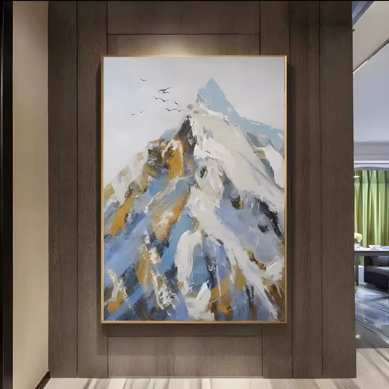 a large vertical impressionist mountain painting of a snow-covered peak built from white blue gray and ochre knife strokes, a small flock of black birds in the pale sky at upper left, in heavy impasto
