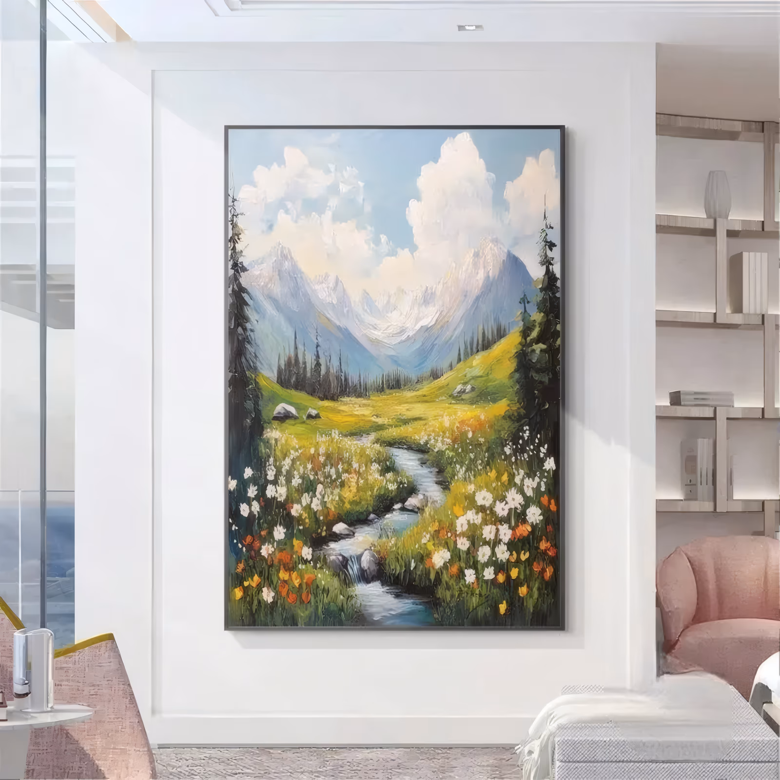 a large vertical impressionist painting of a rocky stream running down the center of a green alpine valley, white daisies and orange wildflowers on both banks, snowy peaks and pines behind, in palette-knife oil