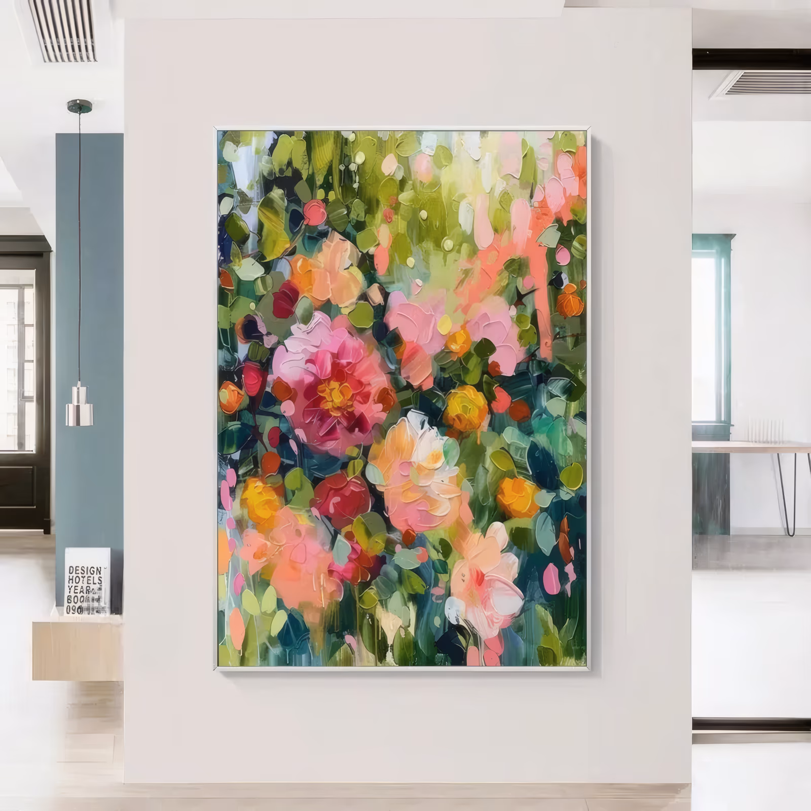 a large vertical impressionist garden painting of pink and coral peonies with yellow and orange buds set among deep green and olive foliage, the whole worked in short thick knife dabs