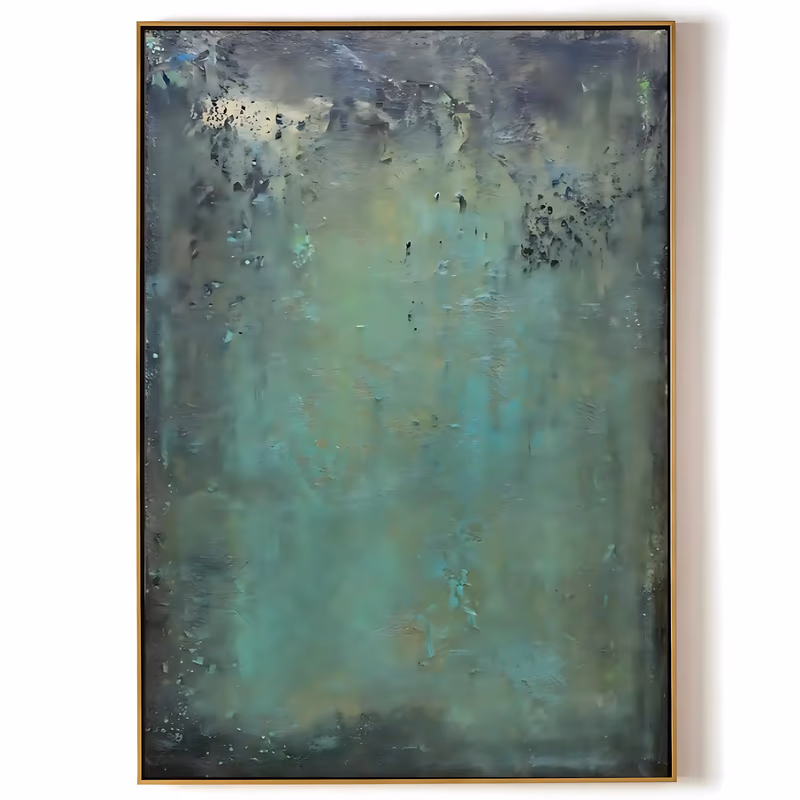 a large vertical wabi-sabi painting of a mottled teal green field flecked with copper and gold, its top and bottom edges darkened and crumbling like old patina, built in heavy impasto and dry scraped layers