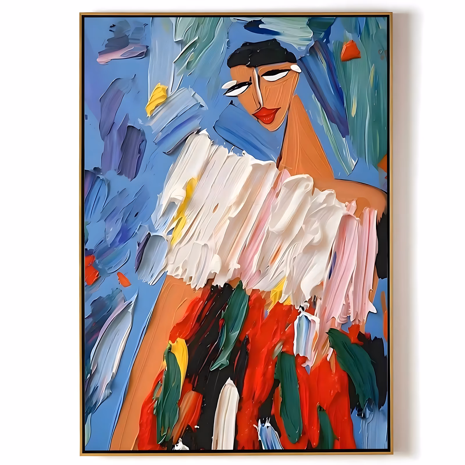 a large vertical portrait painting of a stylized woman with a black bob and red lips, her off-shoulder blouse built from slabs of white and pink paint above a red, green and black skirt, on a blue knife-worked ground