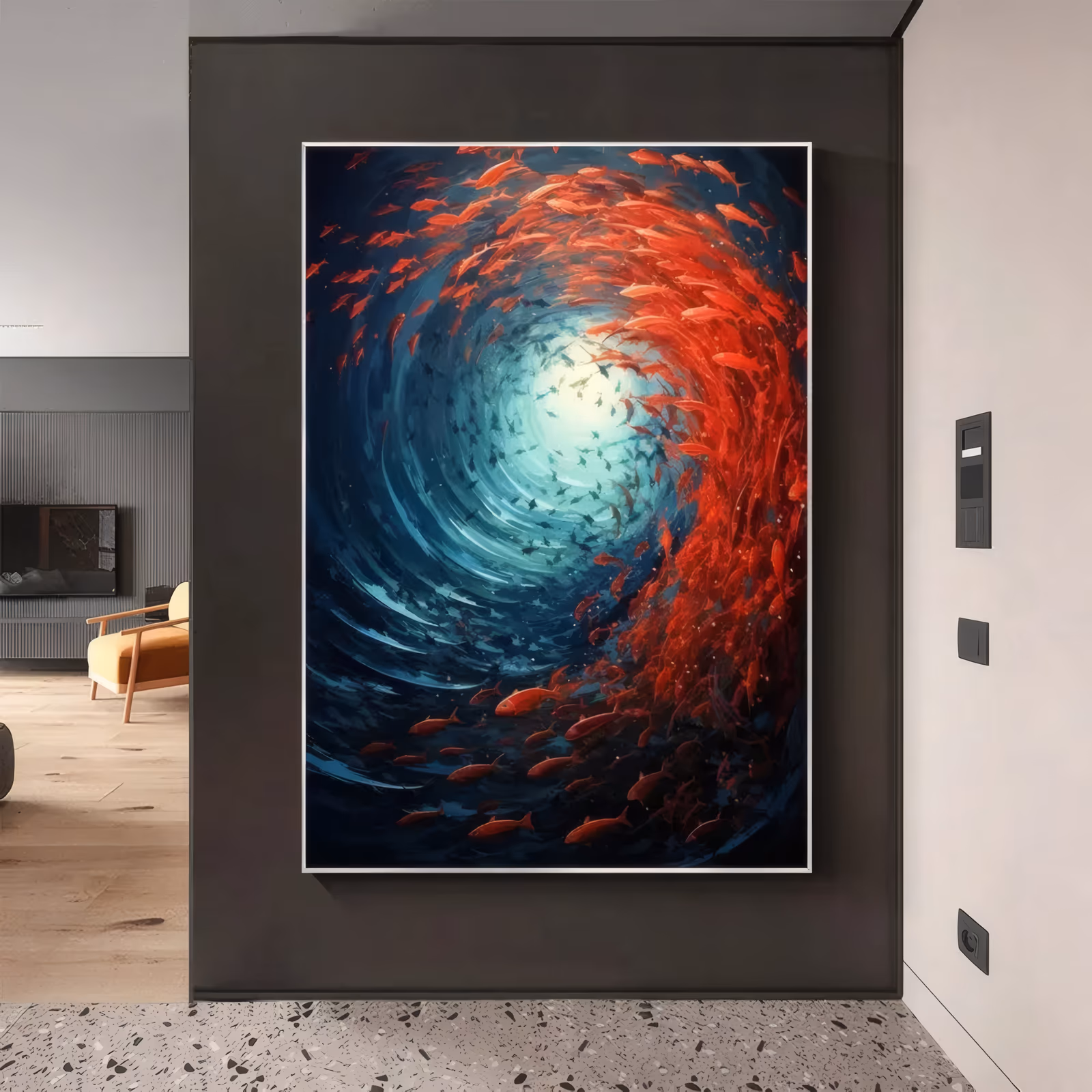 a large vertical realist painting of a shoal of small red fish spiraling around a glowing pale center in a deep navy and teal whirlpool, with silver fish scattered in the dark water, in smooth oil
