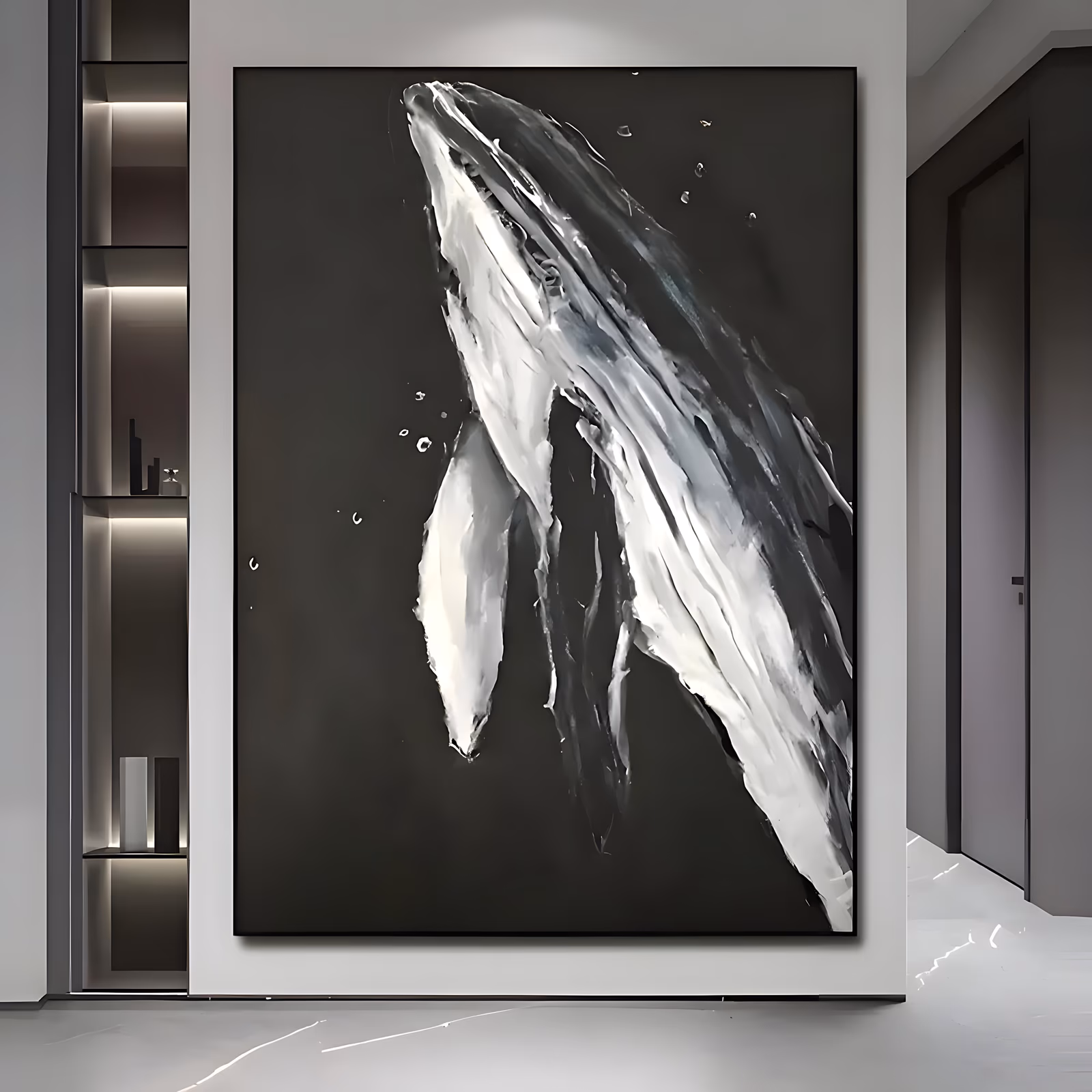 a large vertical painting of a humpback whale rising on a diagonal, its white belly and long fin built from broad knife strokes on a near black ground scattered with small bubbles, in thick palette-knife oil