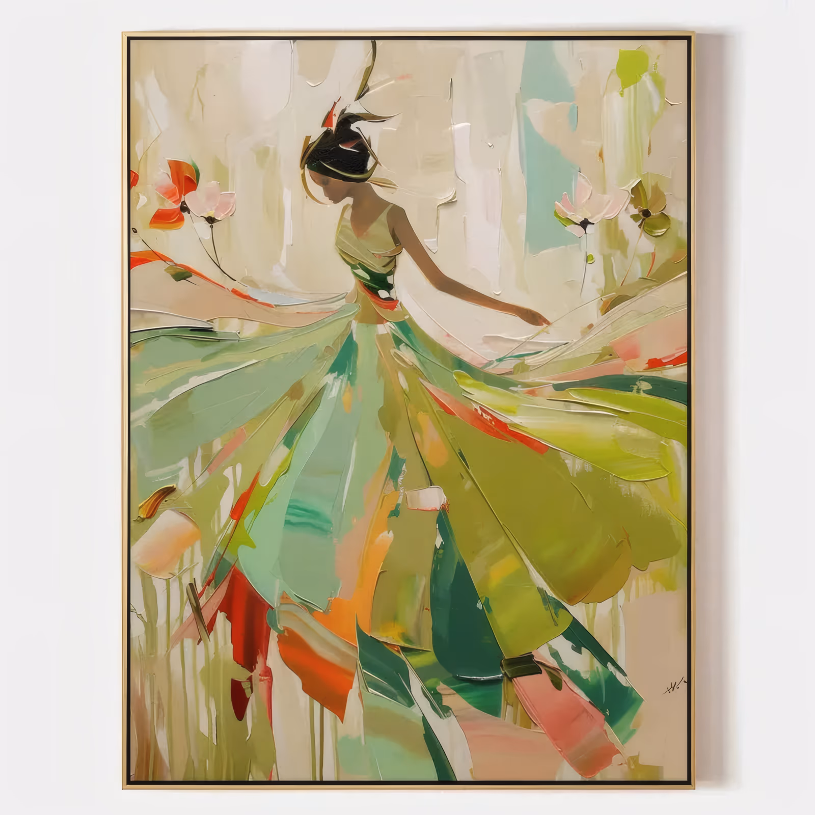 a large vertical figurative painting of a dancer mid-turn, her skirt flaring in wide green, olive and emerald knife strokes over a cream ground scattered with small pink and coral flowers, in thick impasto