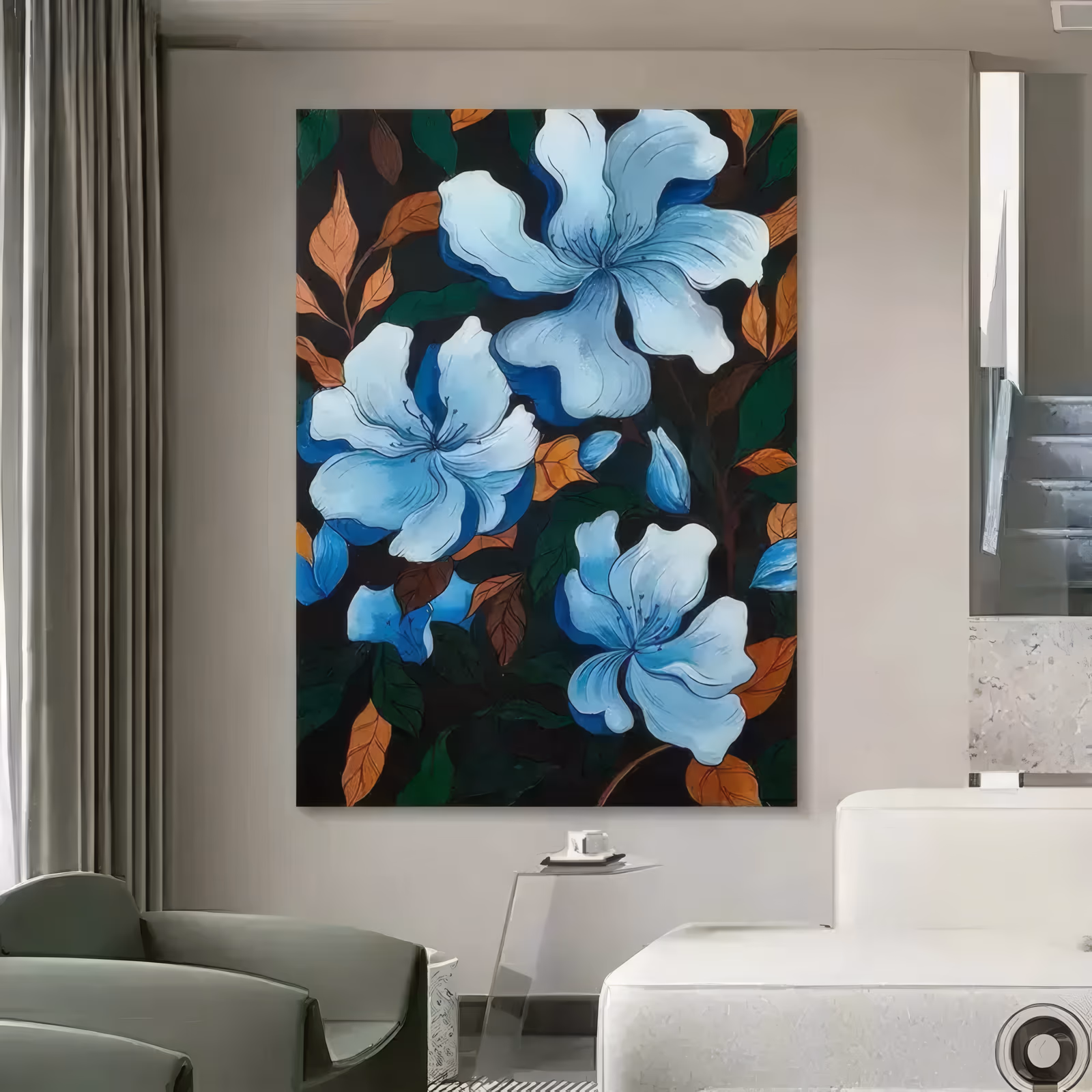 a large vertical hand-painted canvas of three pale blue five-petal blossoms set from top to bottom among dark green and copper orange leaves on brown branches, all on a deep black ground