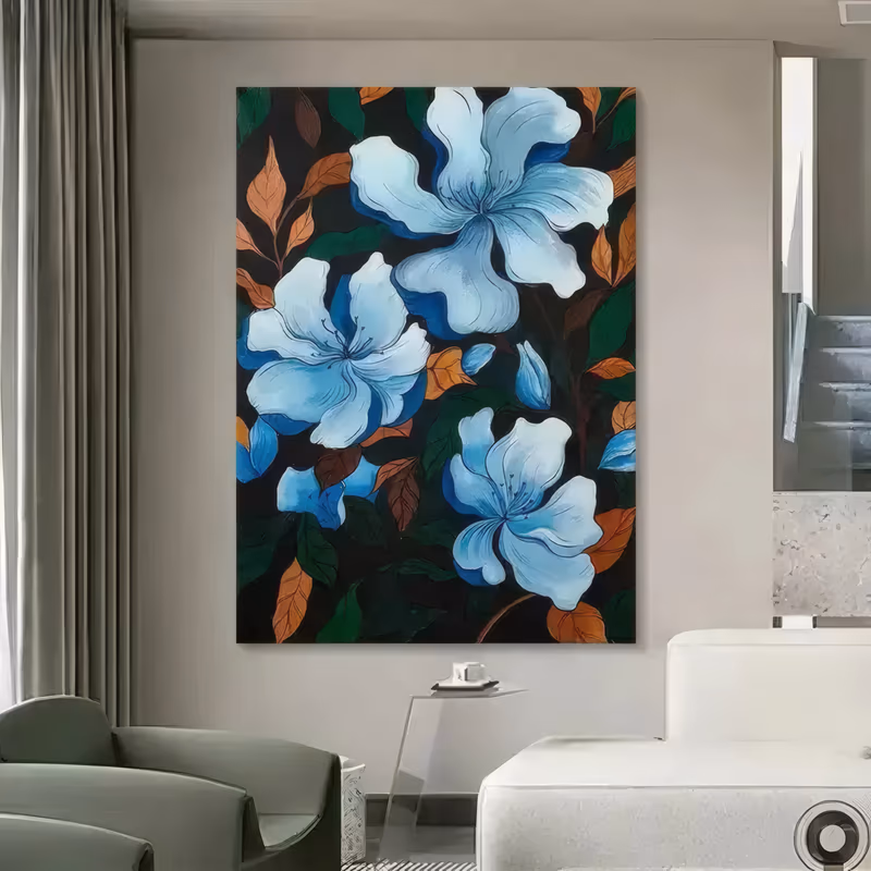 a large vertical hand-painted canvas of three pale blue five-petal blossoms set from top to bottom among dark green and copper orange leaves on brown branches, all on a deep black ground