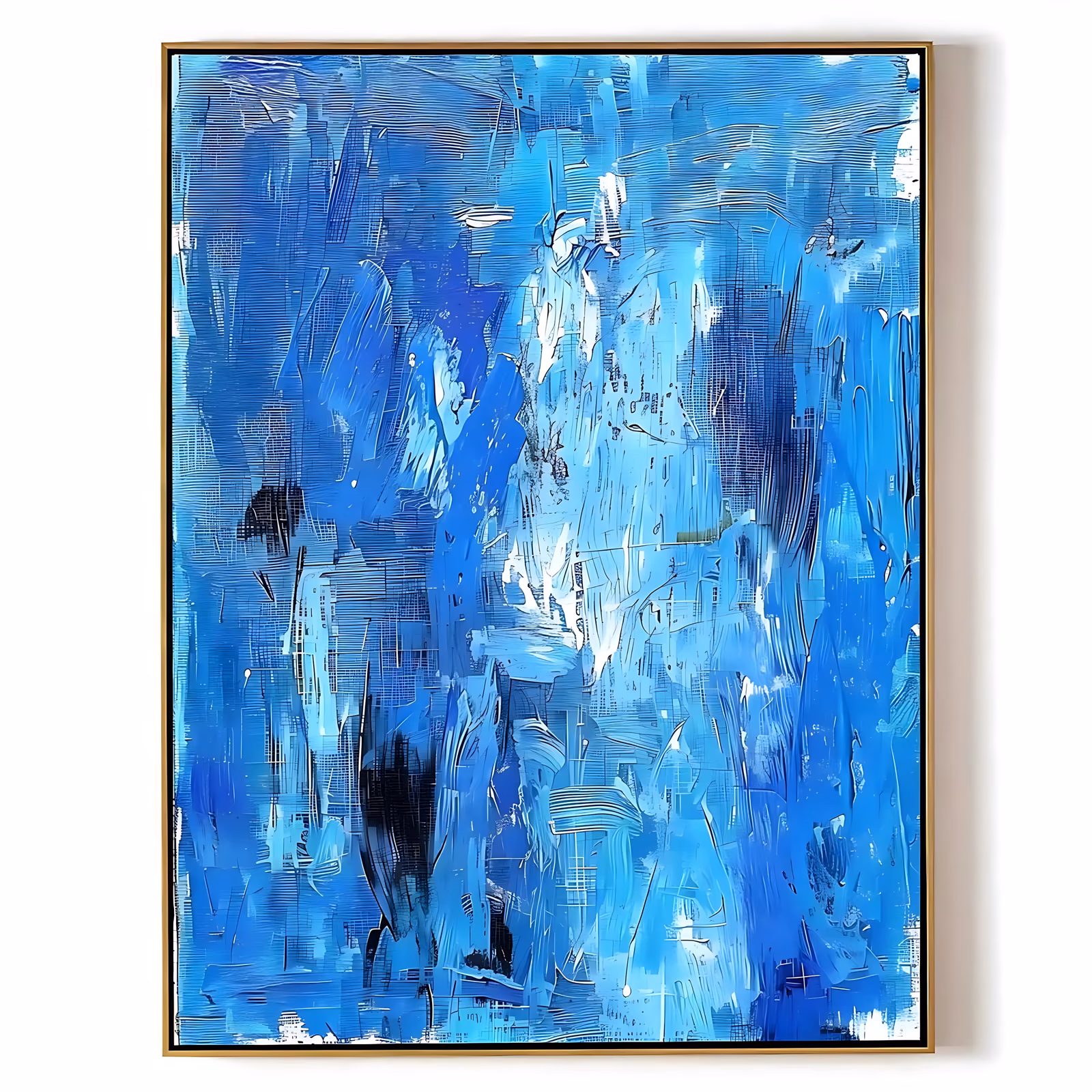 a large vertical abstract painting worked all over in ultramarine, cobalt and sky blue palette-knife strokes, with flashes of white and a few black marks near the lower left, in thick ridged paint