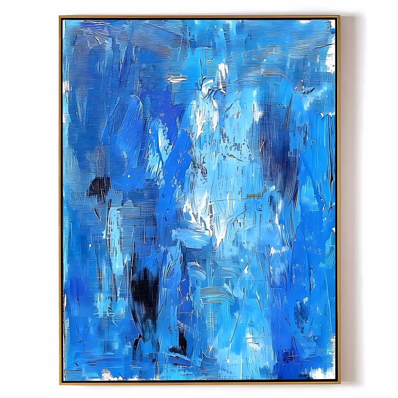 a large vertical abstract painting worked all over in ultramarine, cobalt and sky blue palette-knife strokes, with flashes of white and a few black marks near the lower left, in thick ridged paint