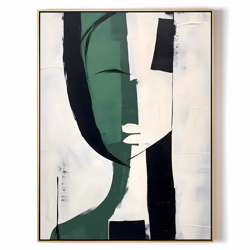 a large vertical abstract painting of a stylized human profile in flat forest green, set on a chalky cream ground with black vertical bars at either side, the features reduced to a few clean edges, in matte acrylic