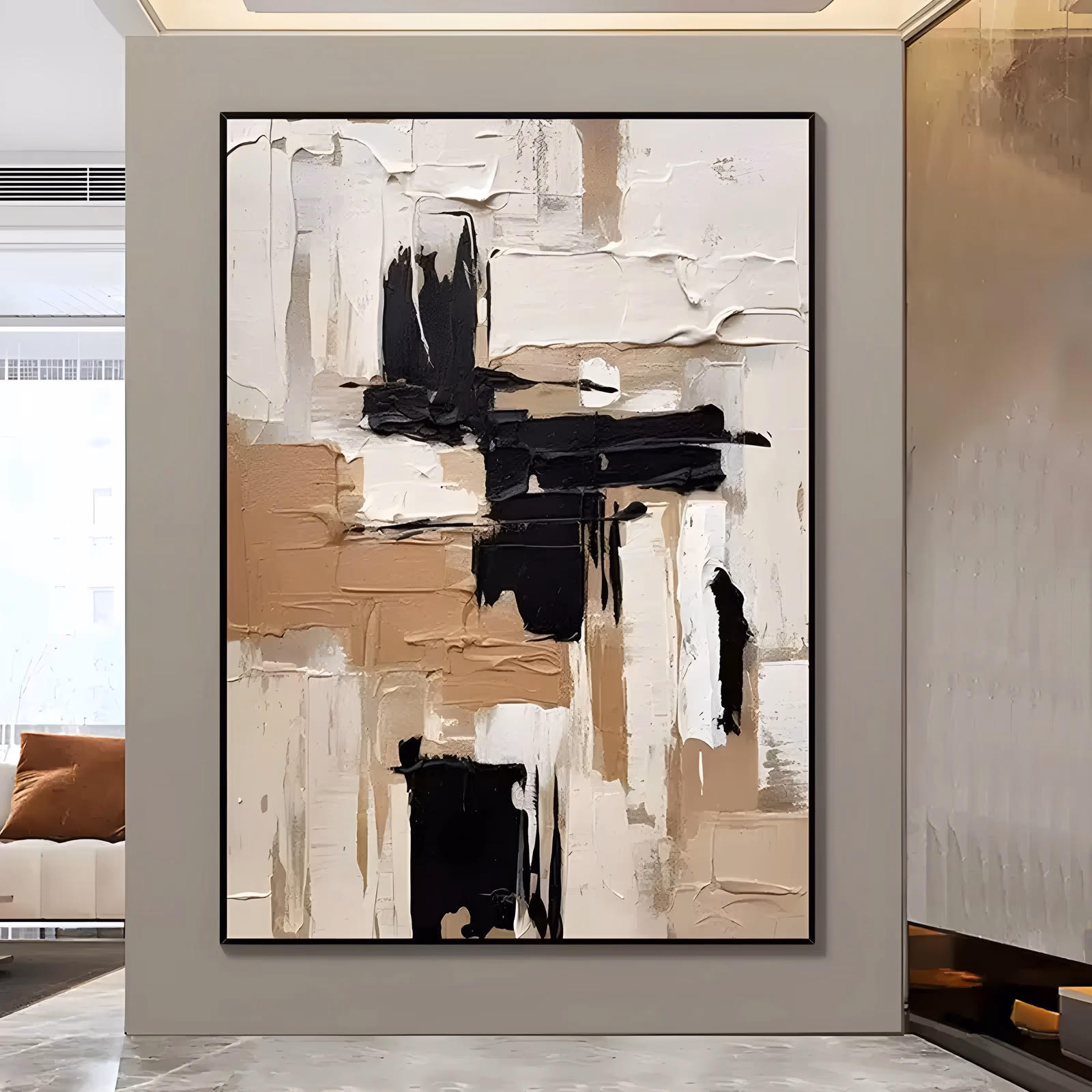 a large vertical abstract painting of thickly troweled cream, white and tan blocks crossed by broad black knife strokes near the center, the paint standing in visible ridges, in heavy palette-knife impasto