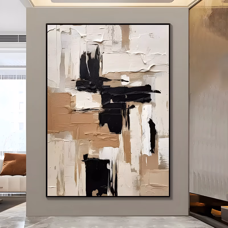 a large vertical abstract painting of thickly troweled cream, white and tan blocks crossed by broad black knife strokes near the center, the paint standing in visible ridges, in heavy palette-knife impasto