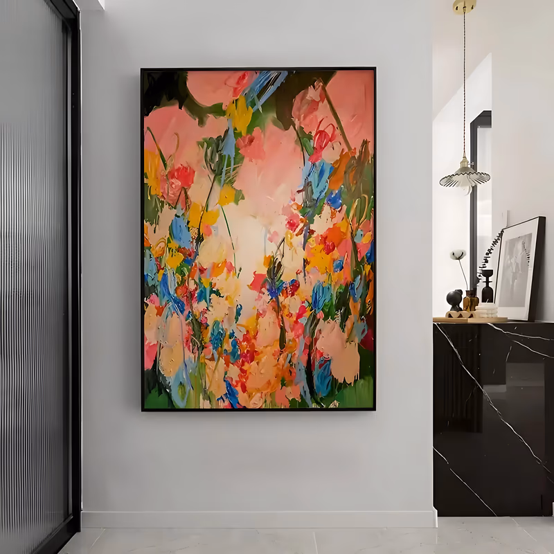 a large vertical impressionist painting of a dense flower garden with orange, yellow, pink and blue blooms on tall green stems, set under a warm coral-pink sky, worked in thick knife-laid acrylic