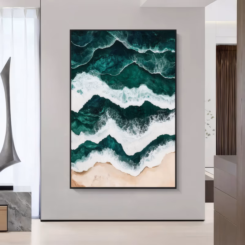 a large vertical hyperrealistic painting seen from above of dark emerald green ocean water with wide bands of white foam rolling toward pale sand at the base, built up in thick textured paint