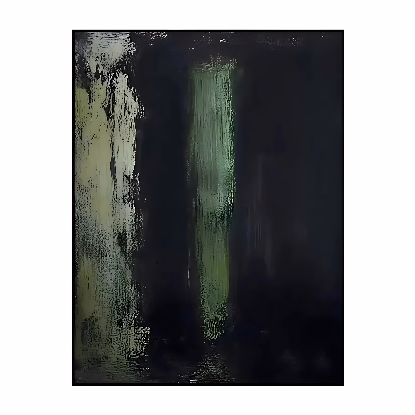 a large vertical minimalist abstract painting of two weathered pale olive green columns, one wide at the left edge and one narrow near center, on a near-black field with a faint sheen, hand-painted in flat layers