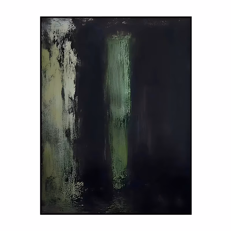 a large vertical minimalist abstract painting of two weathered pale olive green columns, one wide at the left edge and one narrow near center, on a near-black field with a faint sheen, hand-painted in flat layers