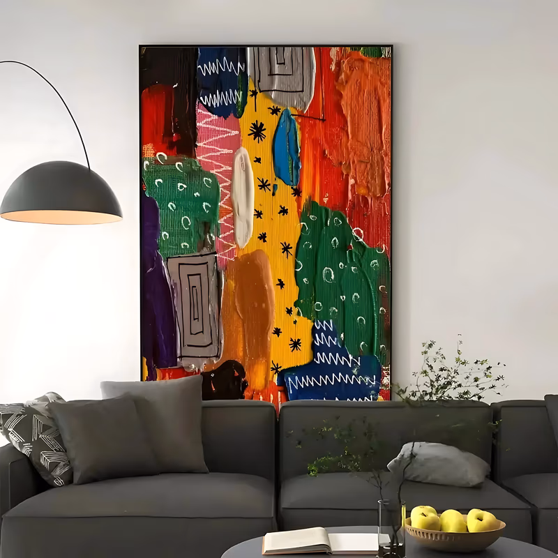 a large vertical maximalist painting of thick red, yellow, green and blue paint blocks with scribbled white zigzags, black stars and spiral doodles scratched into them, in heavy palette-knife impasto