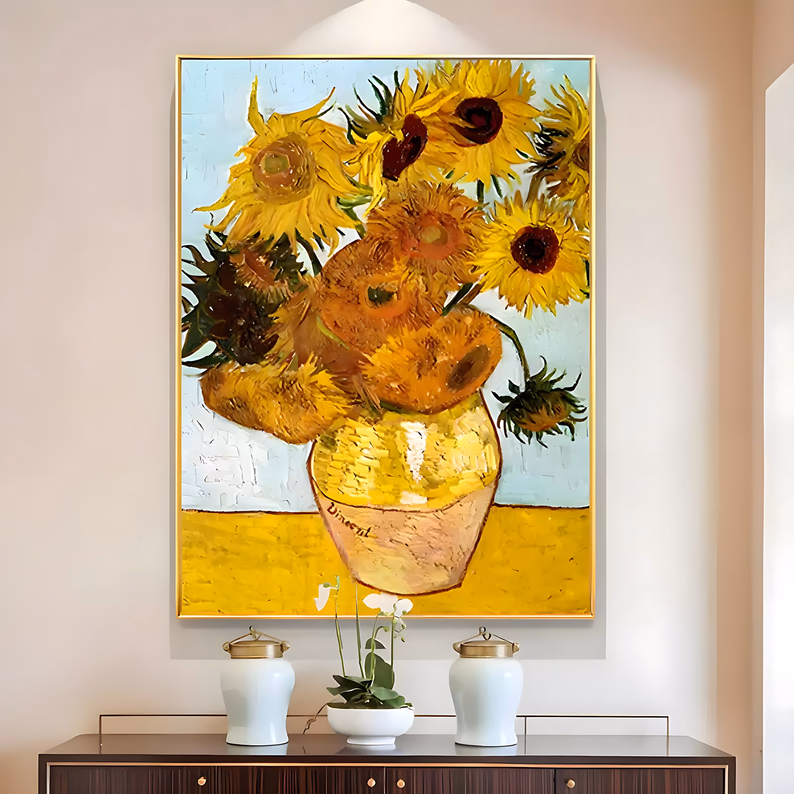 a large vertical still life painting of a dozen golden and rust sunflowers in a two-tone ochre and cream vase on a yellow table, set against a pale blue wall, in thick brushed oil