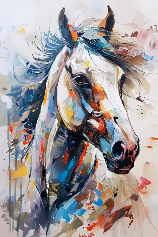 a large vertical painting of a horse's head turned to the right, built from white, blue and teal knife strokes with red, orange and yellow splashes running down the neck, on a pale drip-marked ground in acrylic