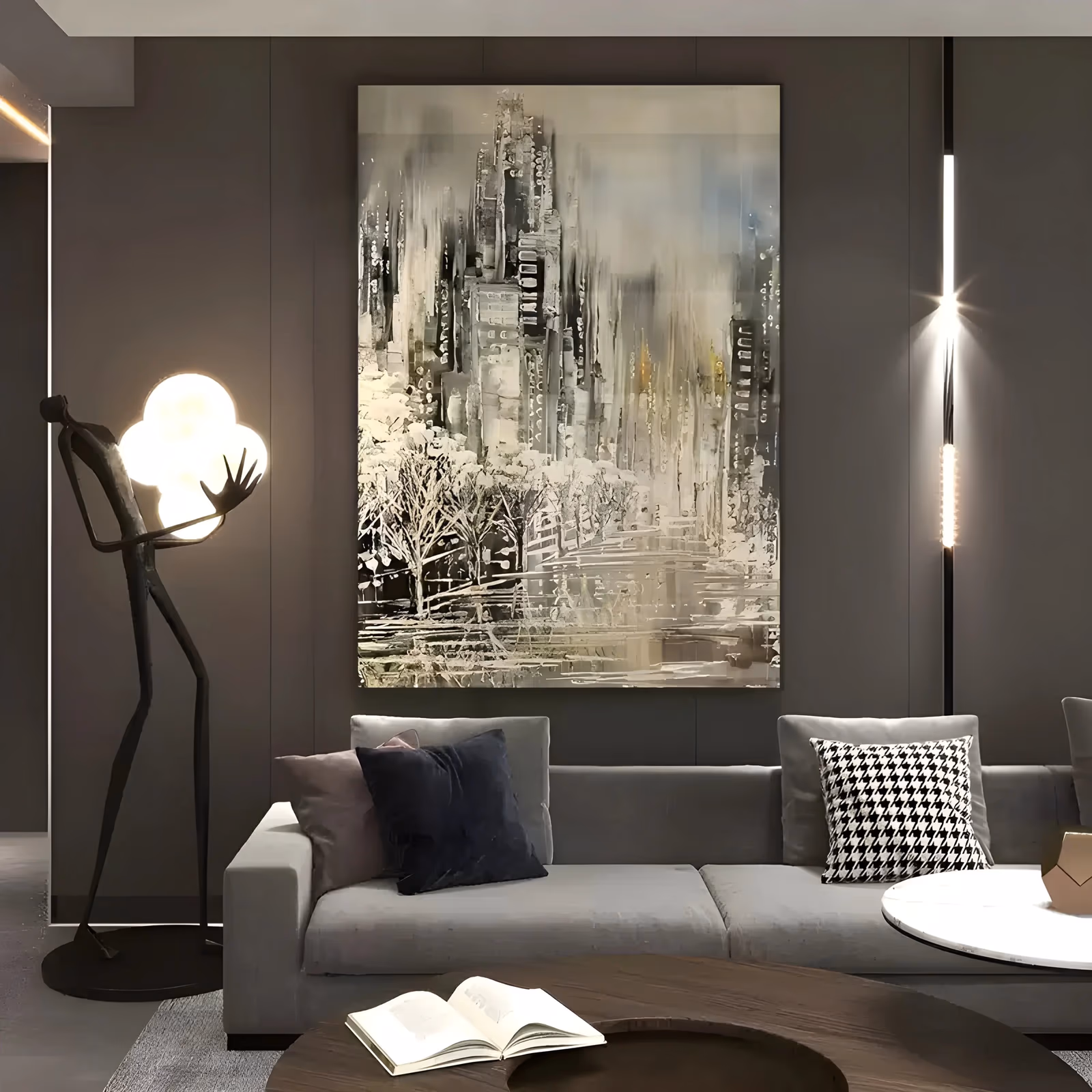 a large vertical impressionist painting of a dense city skyline in cream, black and white knife strokes that run downward like rain, with bare white trees and a wet street at the base, in thick paint