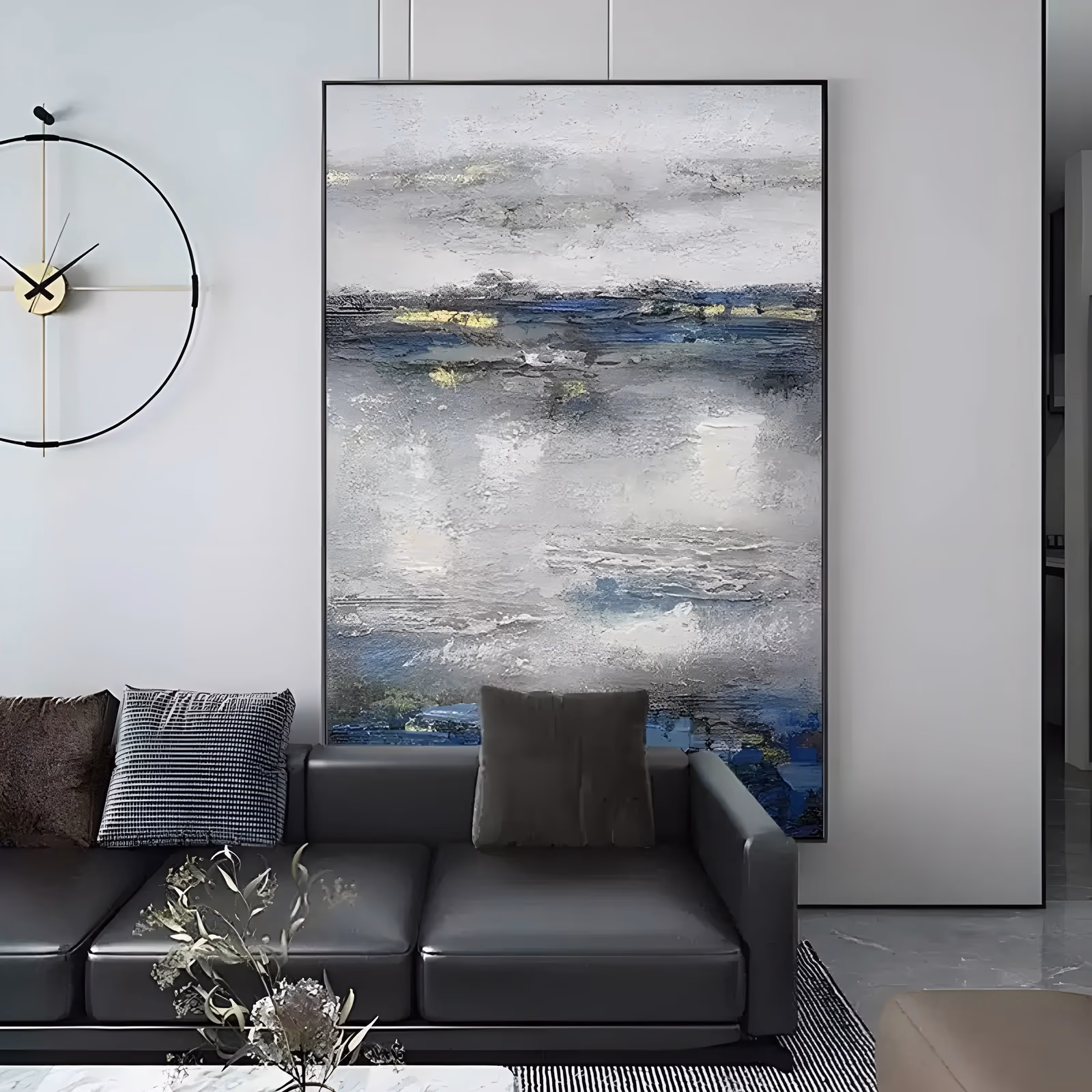 a large vertical abstract painting of misty gray and white horizontal bands stacked up the canvas, broken by dark indigo strips and small yellow gold flecks near the center, in deep textured impasto