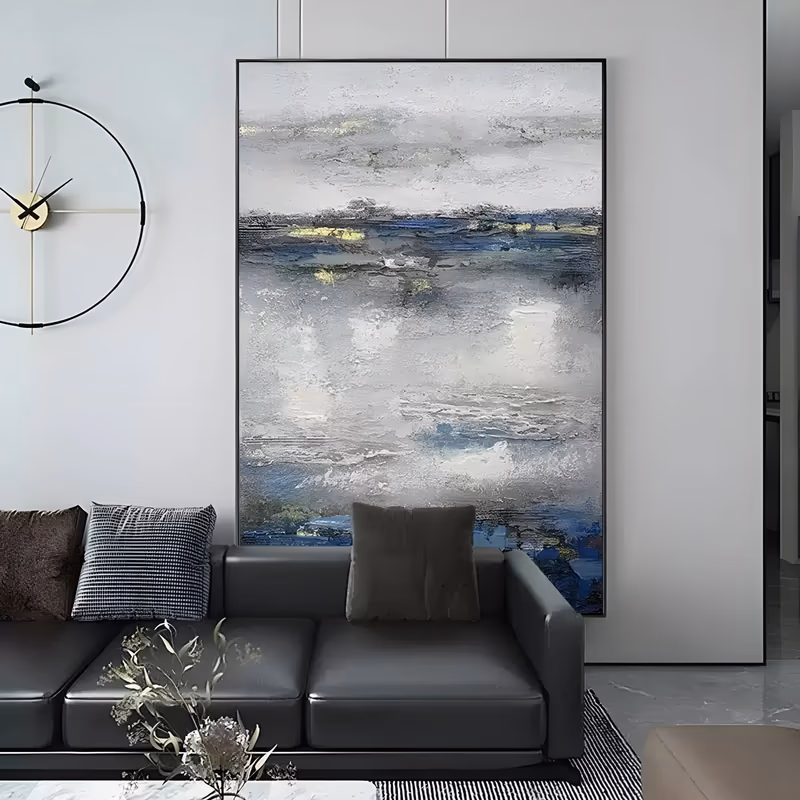 a large vertical abstract painting of misty gray and white horizontal bands stacked up the canvas, broken by dark indigo strips and small yellow gold flecks near the center, in deep textured impasto
