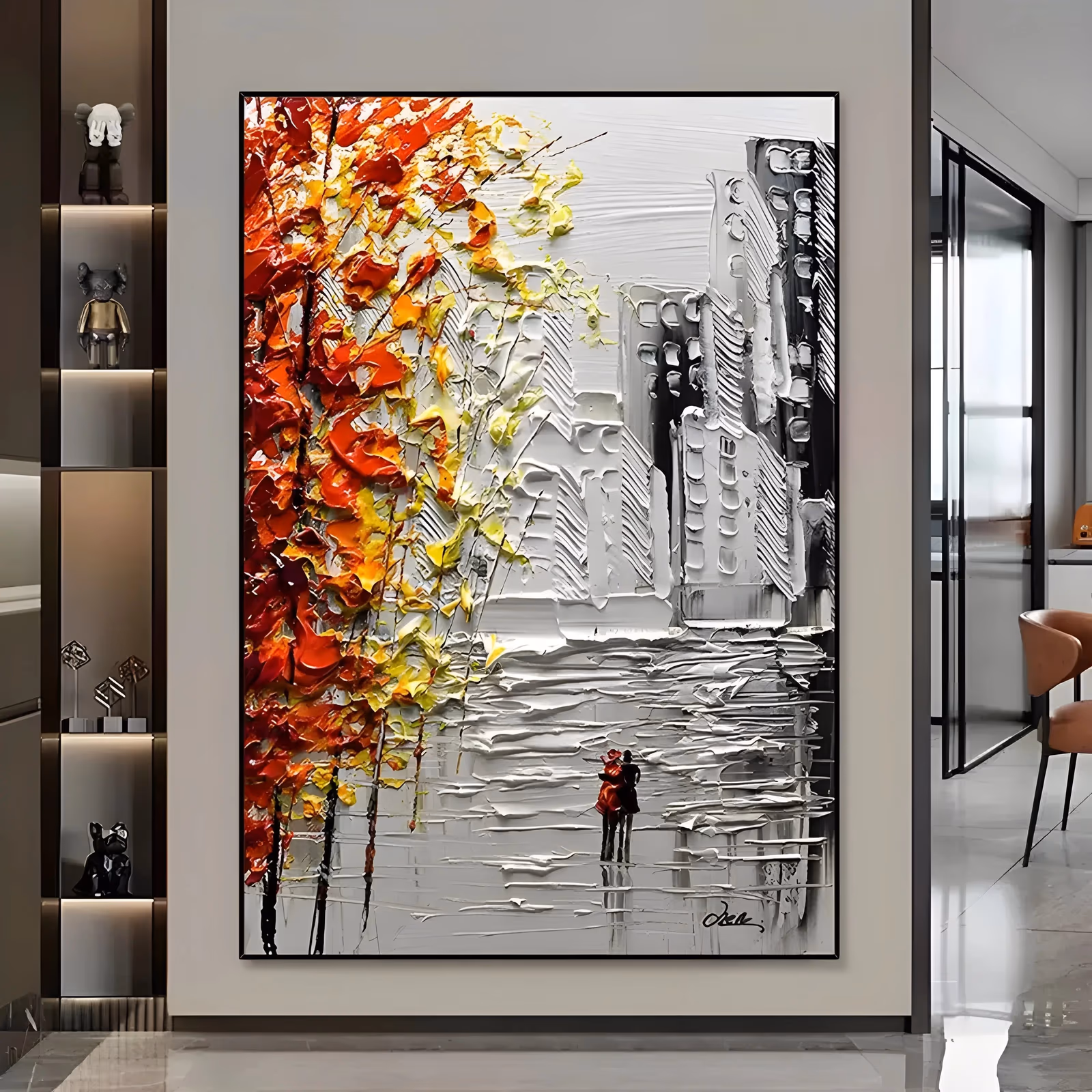 a large vertical textured painting of a white plaster city, buildings sculpted in relief at the right, a red and orange autumn tree on the left and a small couple sharing an umbrella on the wet street, in heavy impasto
