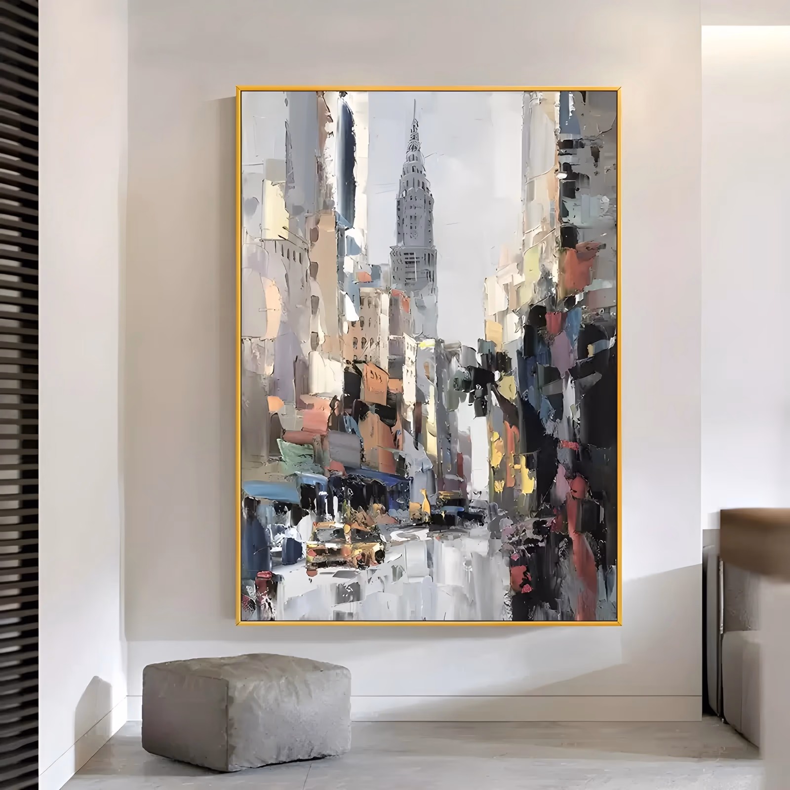 a large vertical impressionist painting of a New York street with the Chrysler Building spire at center, flanked by blocky gray, peach and black knife-cut facades above yellow taxis, in thick paint
