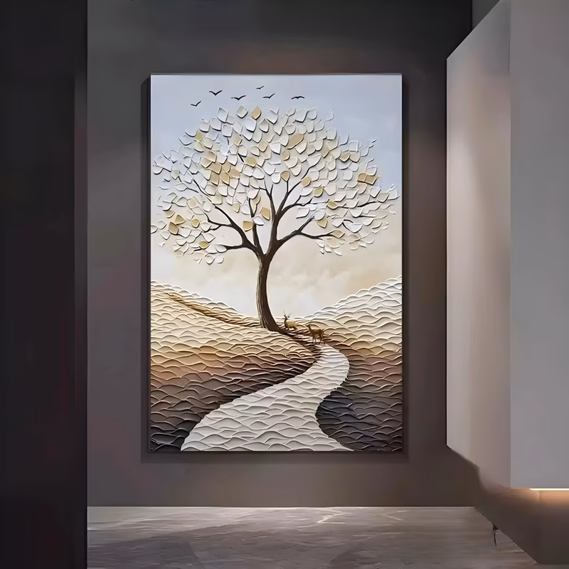 a large vertical relief painting of a white plaster tree with gold and cream leaves, two small deer on a winding pale path and sculpted beige and brown hills below, with birds in the sky