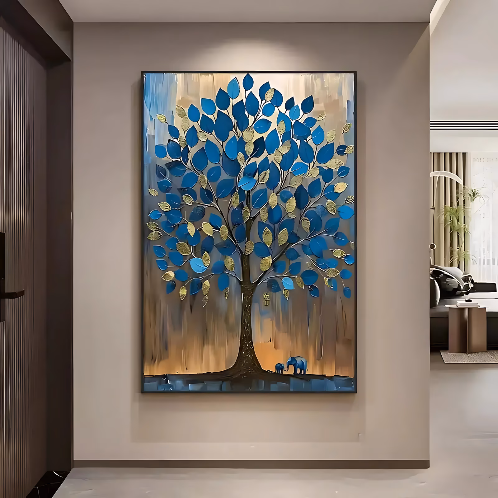 a large vertical impasto painting of a spreading tree with blue and gold leaves, its slim trunk at the center and a mother and baby elephant walking beneath it, on a streaked beige and blue knife ground