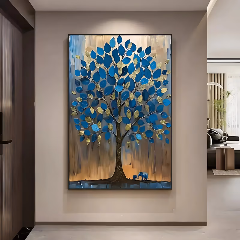 a large vertical impasto painting of a spreading tree with blue and gold leaves, its slim trunk at the center and a mother and baby elephant walking beneath it, on a streaked beige and blue knife ground