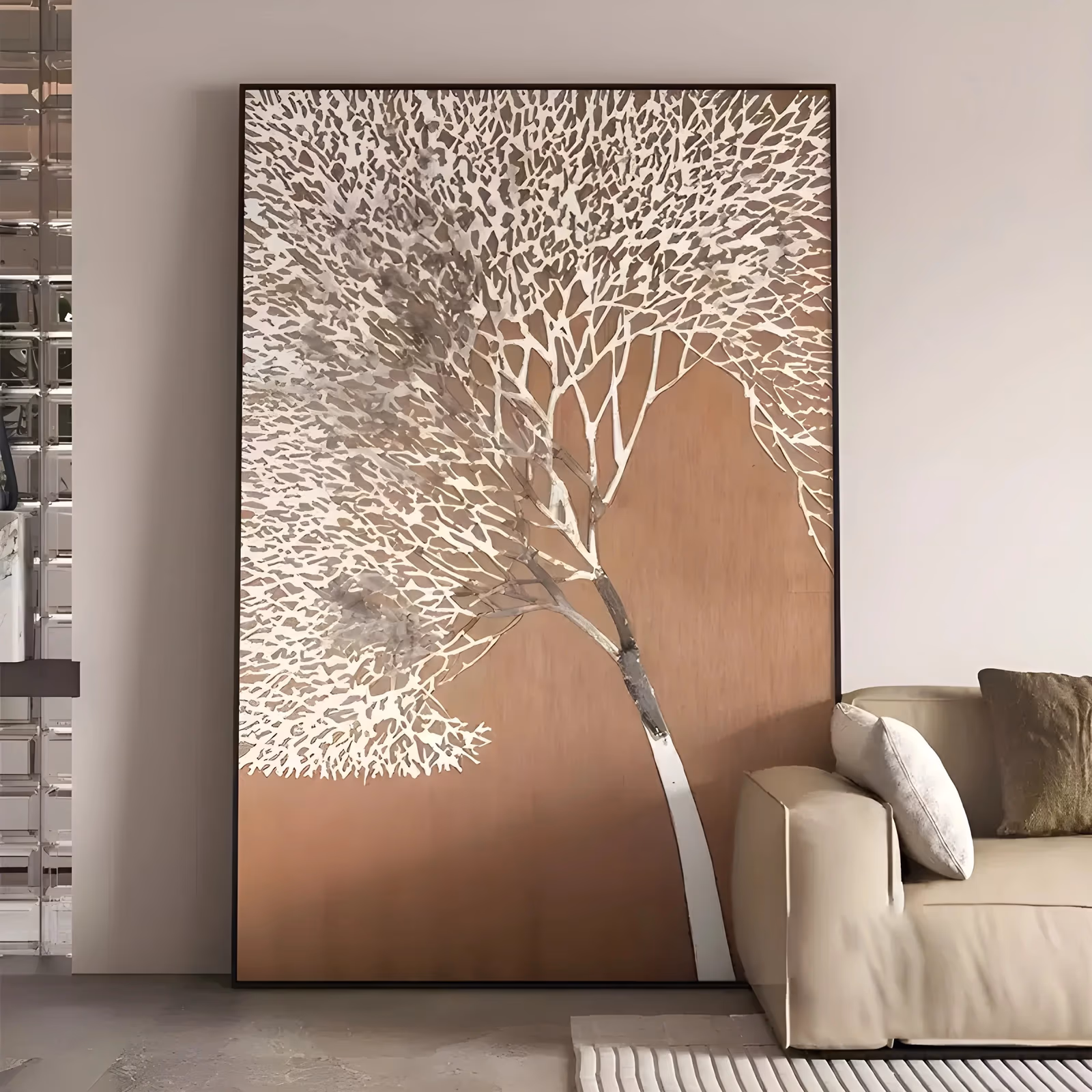 a large vertical painting of a single slender tree leaning to the right, its lace-like white canopy of fine branches spreading over the upper half of a warm copper brown field, in thin textured paint