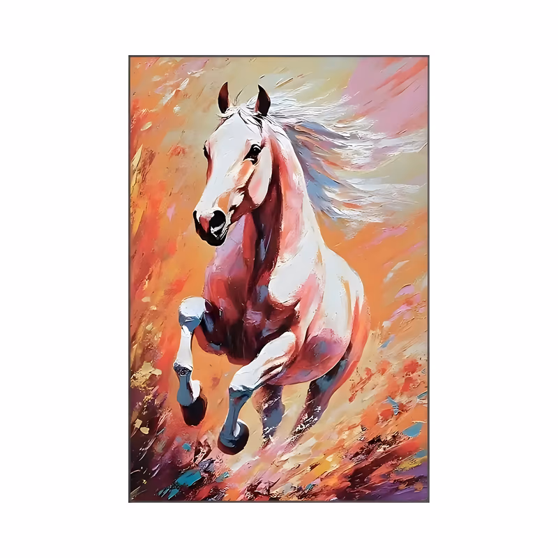a large vertical impressionist painting of a white horse galloping toward the viewer with its mane flying, surrounded by orange, coral and pink knife strokes with turquoise flecks below, in thick impasto