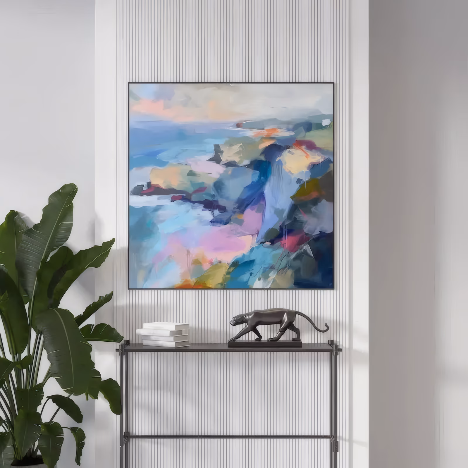 a square impressionist painting of coastal cliffs meeting the sea, with pale pink water at the lower left and green, blue and cream headland shapes on the right, in broad flat acrylic strokes