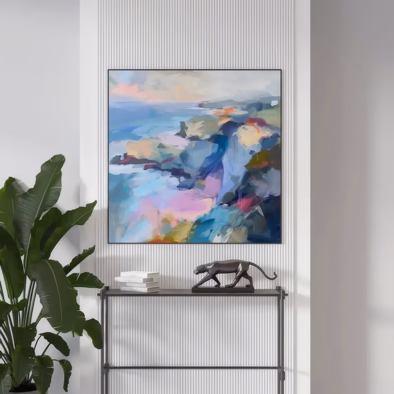 a square impressionist painting of coastal cliffs meeting the sea, with pale pink water at the lower left and green, blue and cream headland shapes on the right, in broad flat acrylic strokes