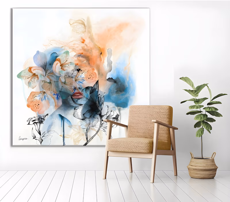 a large square abstract watercolor canvas of a woman's face half hidden behind peach and cream lilies, with blue and gray washes bleeding down the right side and black ink flower outlines below, on white