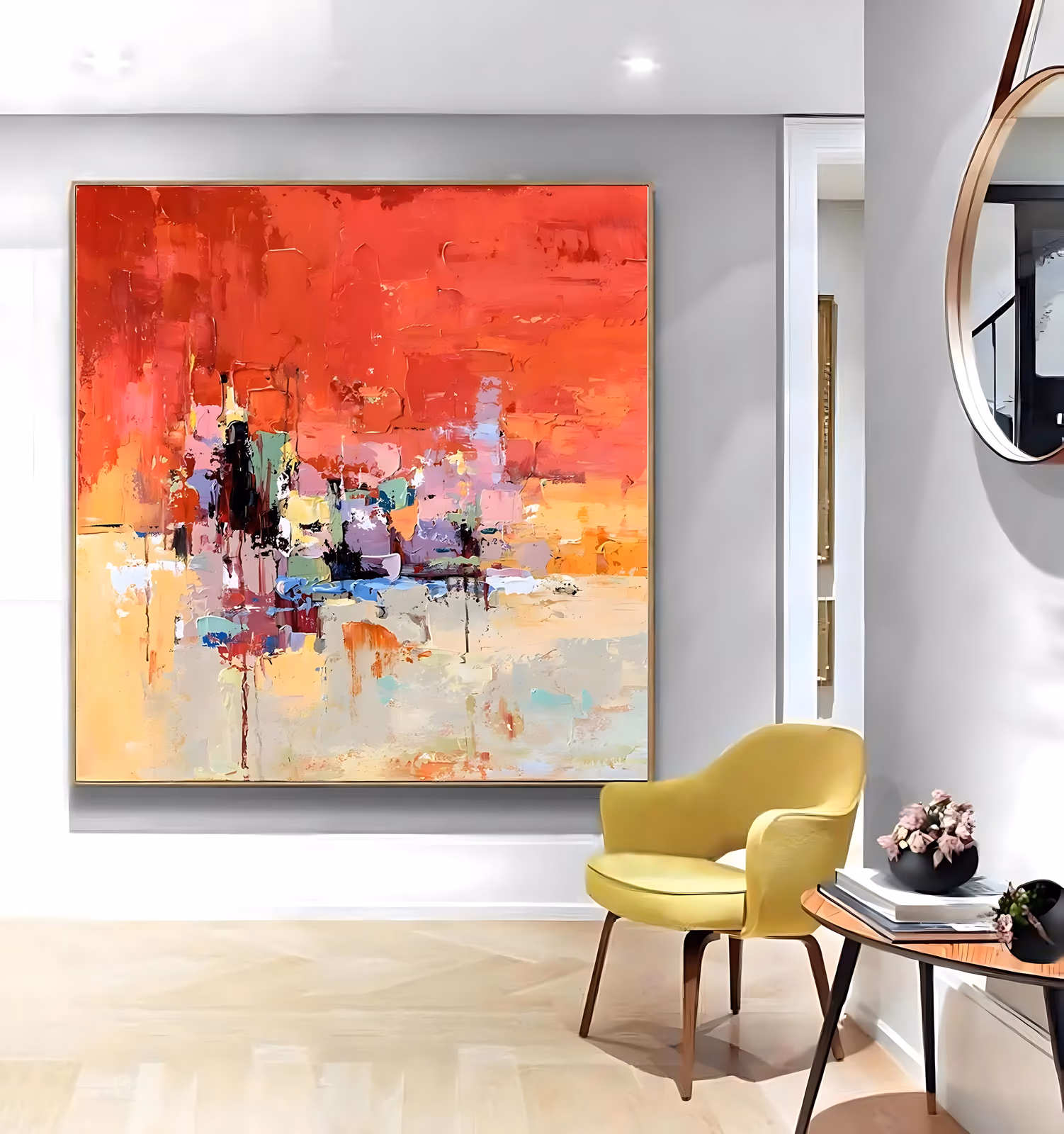 a large square abstract painting with a scarlet and orange field over the top half, a horizontal band of small blue, green, violet and black knife marks in the middle, and cream and peach below, in thick impasto