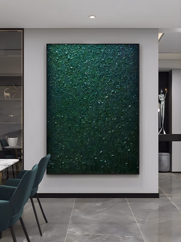a large vertical monochrome painting in deep emerald green, the entire surface worked into small stippled peaks and pits of thick paint that lighten toward the top edge, hand-painted in heavy relief