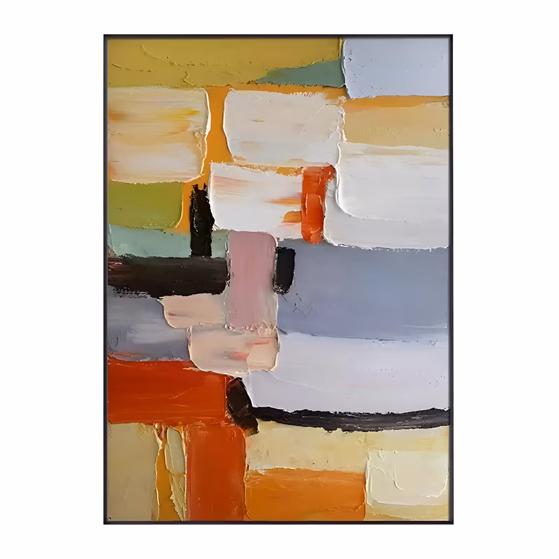 a large vertical abstract painting of stacked knife-laid color blocks in cream, butter yellow, gray lilac, mint and burnt orange, with short black bars breaking the rows, in thick ridged impasto