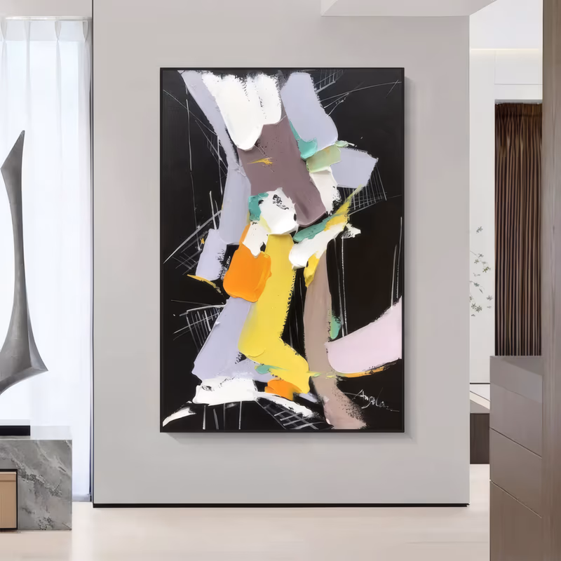 a large vertical abstract painting of thick lilac, white, yellow and orange palette-knife strokes stacked down the center of a black ground, with fine white scratched lines around them, in heavy impasto