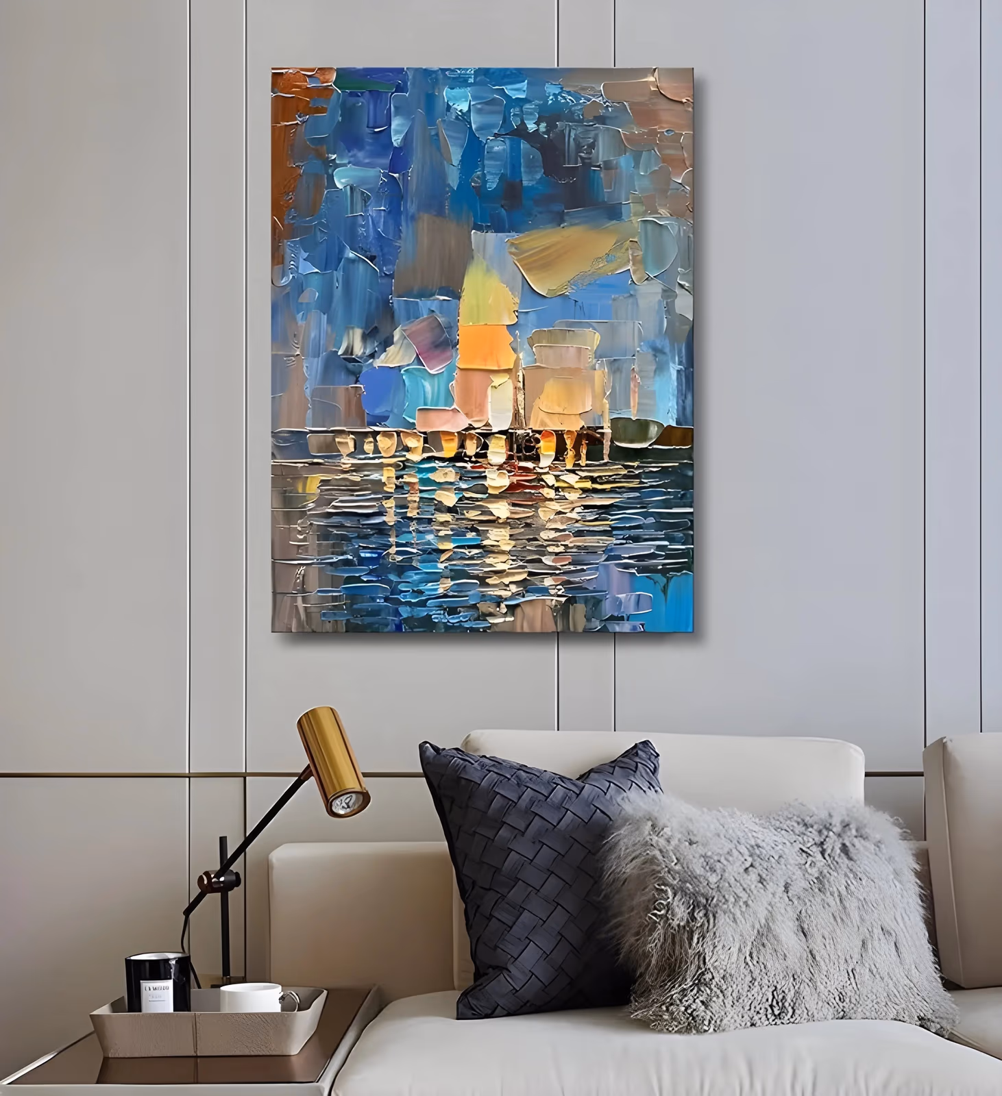a large vertical palette-knife painting of an abstract harbor, with blocky white, gold and pink sails against a blue sky in the upper half and long horizontal smears of gold and blue reflection below