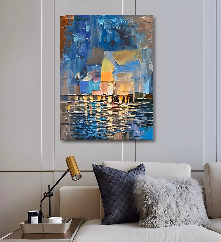 a large vertical palette-knife painting of an abstract harbor, with blocky white, gold and pink sails against a blue sky in the upper half and long horizontal smears of gold and blue reflection below